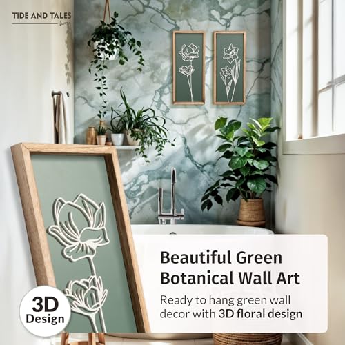 3D Floral Green Wall Art (Set of 2) Lightweight, Wooden Ready-to-Hang Boho Framed Wall Art for Bathroom, Bedroom, Living R...