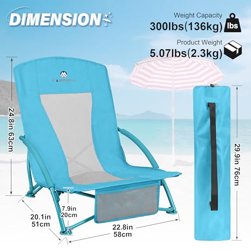 Low Beach Chairs 2 Pack,Folding Compact Low Seat Chairs for Adults w/Mesh Back& Storage Bag,Heavy Duty Chair for Outdoor S...