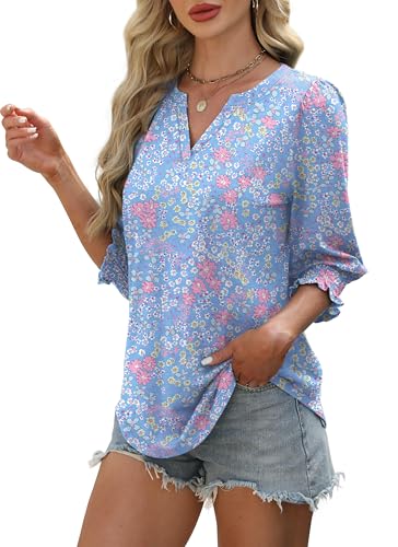 XIEERDUO Blouses for Women Dressy Casual 3/4 Length Sleeve Womens Tops V Neck T Shirts with Smocked Cuffs