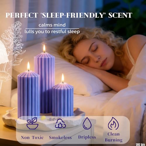 Purple Ribbed Pillar Candles Set of 3 - Lavender Scented Soy Wax Candles for Stress Relief & Sleep,Aesthetic Textured Deco...