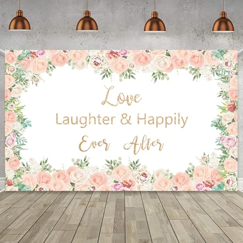 LOONELO Love Laughter Wedding Backdrop Banner with 70.8 X 43.3 inch, Happily Ever Floral Bridal Shower Hanging Banner Sign...