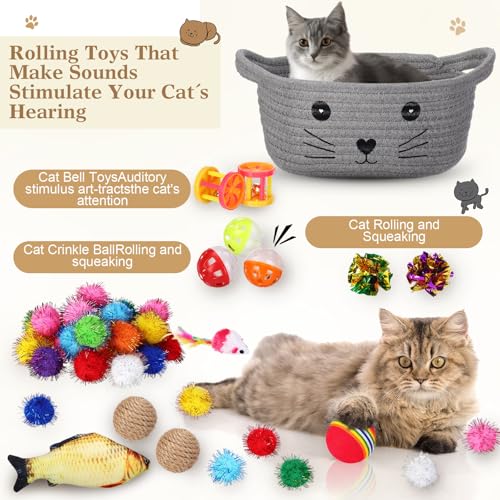 Zopeal 58 Pcs Easter Cat Storage Basket Gift Toys Set, Colorful Flashing Balls Pet Bell Crinkle Balls Spring Toys Attract ...