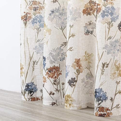 MYSKY HOME Floral Linen Curtains 84 inch Length 2 Panels Set Spring Flower Patterned Semi Sheer Light Filtering Privacy Fa...