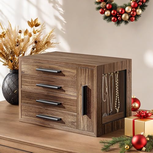 HOOBRO Jewelry Box for Women, Wooden Jewelry Organizer with Transparent Window, 4-Layer Jewelry Organizer Box, Jewelry Hol...