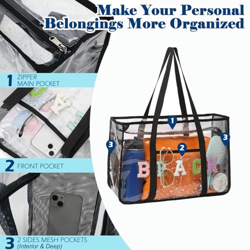 Fammart Clear Beach Bag for Women, Large Pool Tote Cruise Vacation Essentials - Zipper Closure, Waterproof, Sandproof