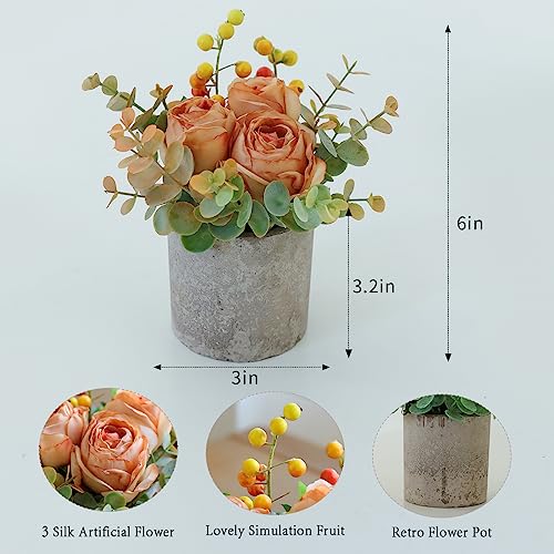 Rosscer Small Artificial Burnt Orange Rose Potted Plant, 6" Fake Silk Flowers in 3" Cylindrical Pot, Mini Faux Floral Arra...