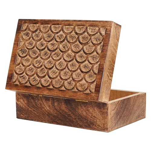 Carved Scallop Mango Wood Box with Lid - Medium Burnt Large Wooden Box - Handmade Decorative Box with Lid for Use As Memor...