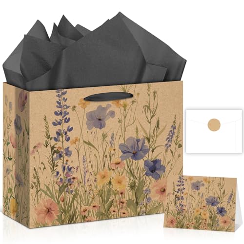 Wildflower Gift Bag Christmas Gifts Wild Floral Birthday Bag with Wrapping Paper Card Sticker Envelope for Watercolor Flow...