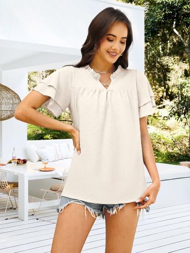 Womens Summer Tops Trendy Blouses Dressy Casual Flowy Swiss Dot Ruffle Short Sleeve Shirts