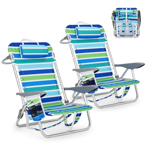 GarveeLife Backpack Beach Chair for Adults 2 Pack, Lightweight Portable Lay Flat Folding Beach Chair with 5 Positions, Bac...