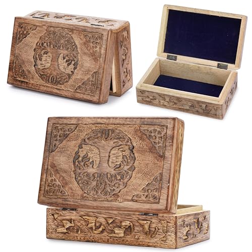 Ajuny Wooden Jewelry Box - Hand Carved Mango Wood Tree of Life Celtic Carving Decorative Multipurpose Keepsake Box, Treasu...
