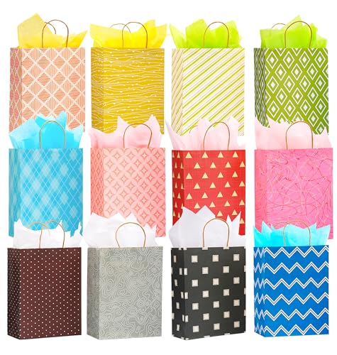 12 Pack 13" Large Kraft Paper Gift Bags Assortment with Tissue Paper & Handles, 12 Unique Solid & Geometric Pattern Design...