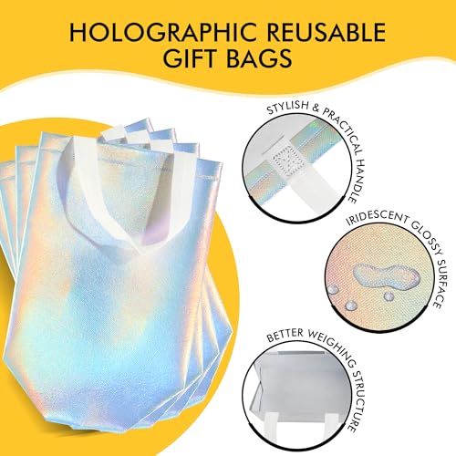 RACETOP 15 Pcs Iridescent Glossy Gift Bags Medium Size, 8x4x10 Inch Holographic Reusable Gift Bags with Handles, Ideal for...
