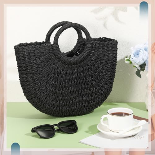 Frienda Straw Tote Bag Summer Beach Bag Handmade Straw Rattan Woven Handbag for Women Travel