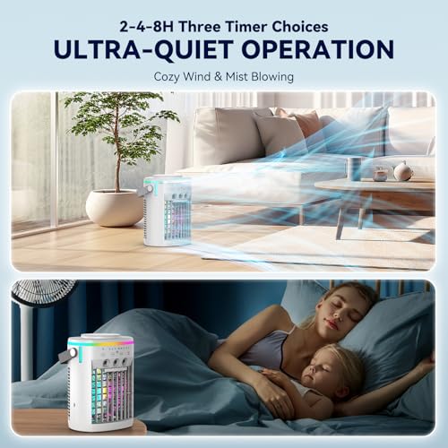 Vidihill Portable Air Conditioner, Evaporative Air Cooler, 2-4-8H Timer Auto-Off &Remote, Water Tank, Three ultrasonic noz...
