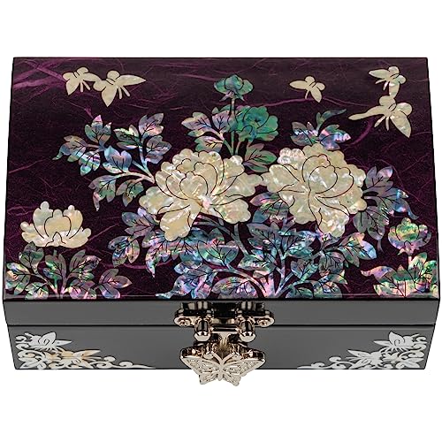 February Mountain Mother-of-Pearl Jewelry Box – Elegant Purple Lacquered Keepsake with Peony & Butterfly Design, Red Velve...