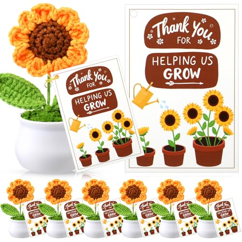 Soaoo 12 Sets Teacher Gifts Crochet Flowers with Thank You for Helping Me Grow Cards Appreciation Gifts for Teachers Cowor...