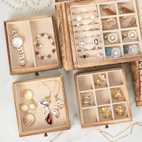 Poyilooo Jewelry Box Organizer, Solid Wood Jewelry Boxes fow Women with Mirror, Double Layer Jewelry Organizer Box Display...