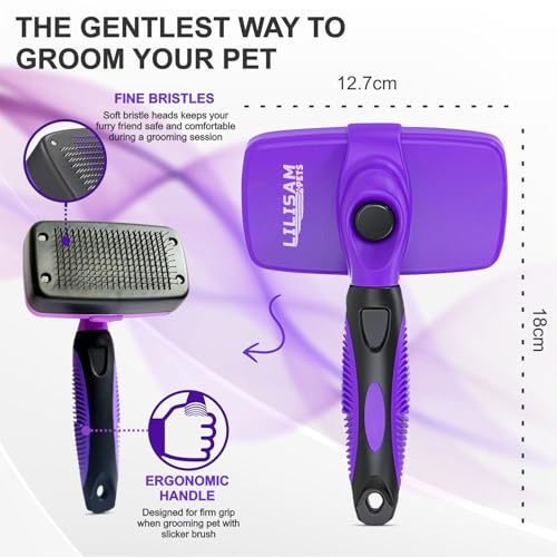 Pet Self Cleaning Slicker Brush and Grooming Comb - Gently Removes Loose Hair, Tangles, and Dirt - Skin Friendly Desheddin...