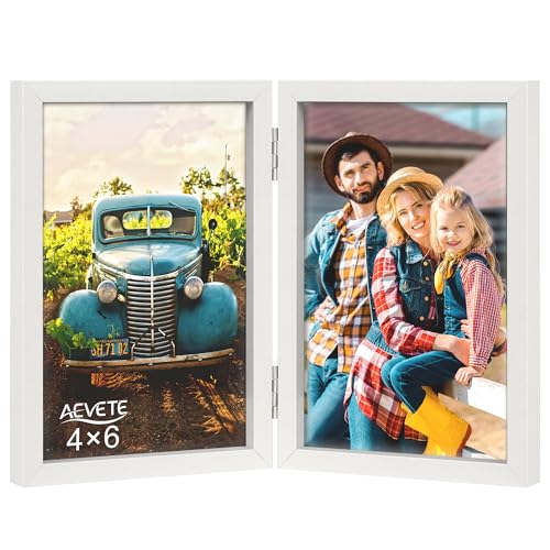 AEVETE 4x6 Picture Frames Double Hinged Wood Folding Photo Frames Vertical with Plexiglass Front, White