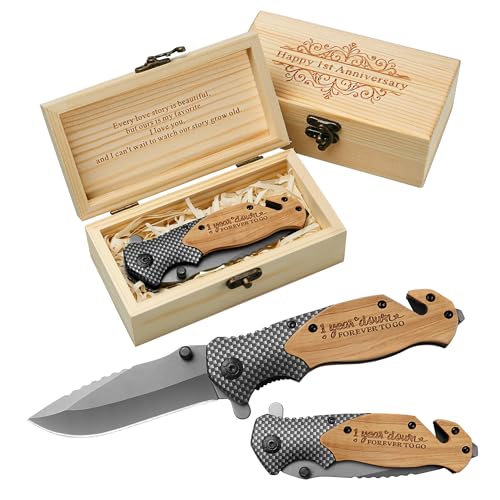 IUZOE First Anniversary Keepsake Idea for Him – Personalized Engraved Pocket Knife with Wooden Gift Box – 1 Year Wedding G...