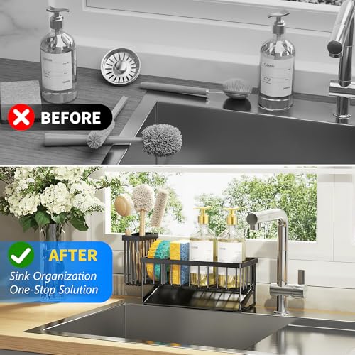 Cisily Sink Caddy Sponge Holder for Kitchen with Brush Holder and Stainless Steel Self Drain Tray, Rustproof Kitchen Sink ...