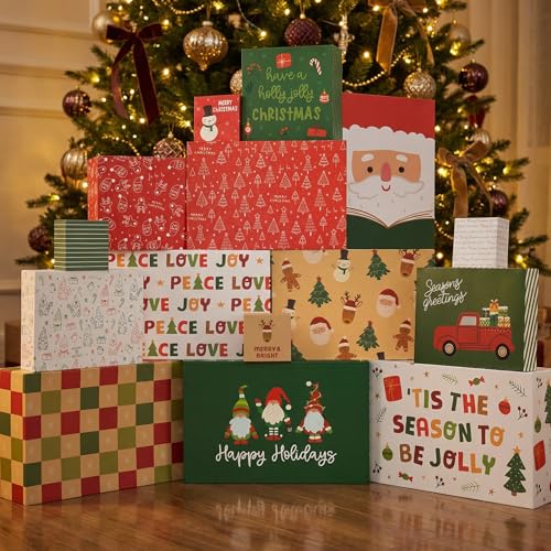 ZICOTO Beautiful Christmas Gift Boxes Set of 15 - Stylish Holiday Present Boxes with Assorted Festive Designs for Easy Chr...