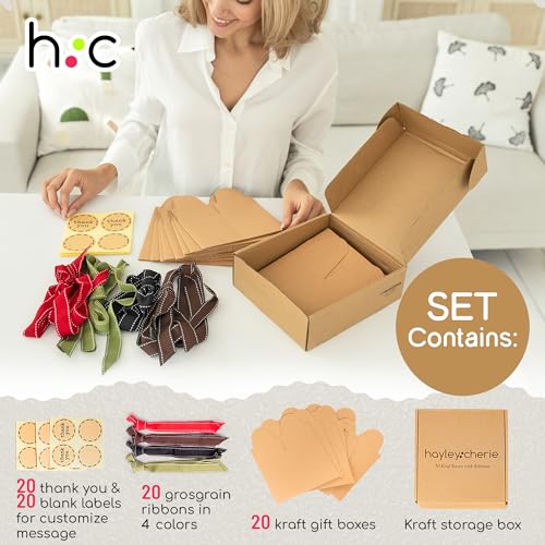 Small Gift Boxes with Ribbons & Stickers (20 Pack) 4.7” x 3.5” Brown Kraft Treat Boxes for Christmas Cookies, Candy, Decor...