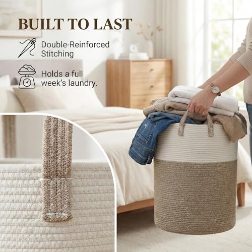 JMvicyroam Large Woven Laundry Basket Hamper,60L Cotton Rope Storage Bin for Blankets,Toys and Clothes,Decorative Tall Nur...
