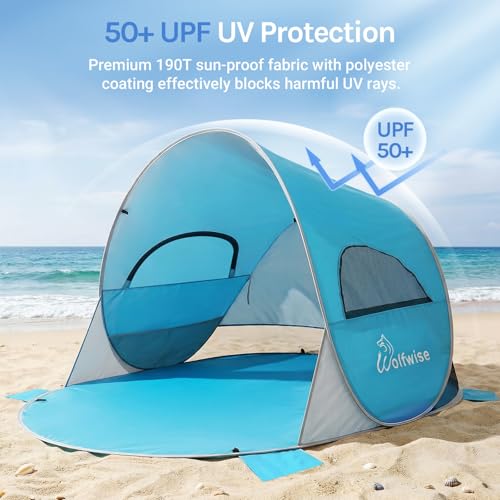Wolfwise Pop up Beach Tent Sun Shelter with UPF50+ UV Protection, Instant Easy Setup Popup Beach Shade Canopy for 3 Perso...