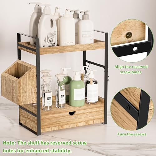 Aollewoiti 2-Tier Bathroom Counter Organizer with Drawer and Basket, Wood Countertop Organizer for Storage, Skincare Organ...