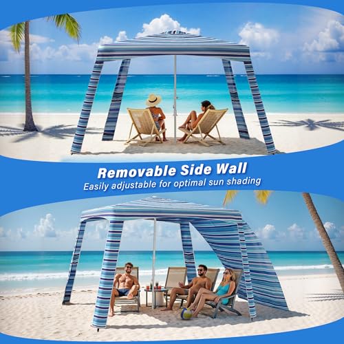 Beach Cabana-6.6x6.6’Beach Canopy with Side Wall,Portable Umbrella Tent with Sand Pockets for Family & Friends,Easy Up Bea...