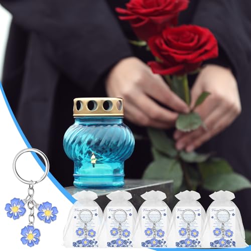 Landical 25 Set Funeral Favors for Guests Forget Me Not Flower Keychain Forget Me Not Poem Cards with Organza Bags Celebra...