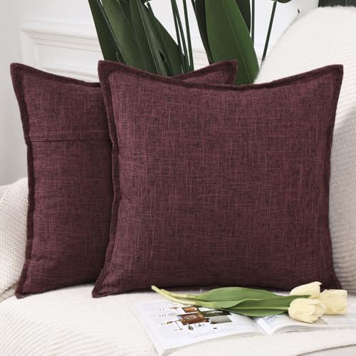 MADIZZ Pack of 2 Decorative Faux Linen Throw Pillow Covers 20x20 Inch Burgundy Natural Soft Boho Farmhouse Couch Throw Pil...