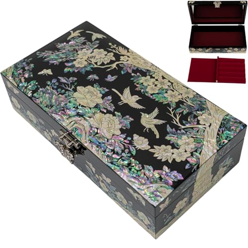 February Mountain Mother of Pearl Large Jewelry Box with Ring Tray - Handmade Unique Gifts for Women - Abalone Shell Keeps...