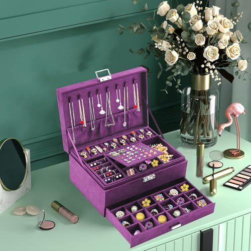 QBestry 3-Layer Jewelry Box for Women with Lock and Key & Drawer, Large Jewelry Organizer with 8 Necklace Hooks & 56 Earri...