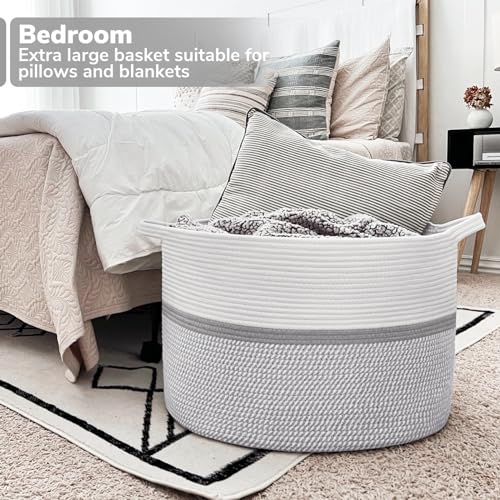 CHICVITA 85L Large Blanket Basket for Living Room, Woven Storage Baskets for Laundry Pillows Toys, Decorative Cotton Rope ...