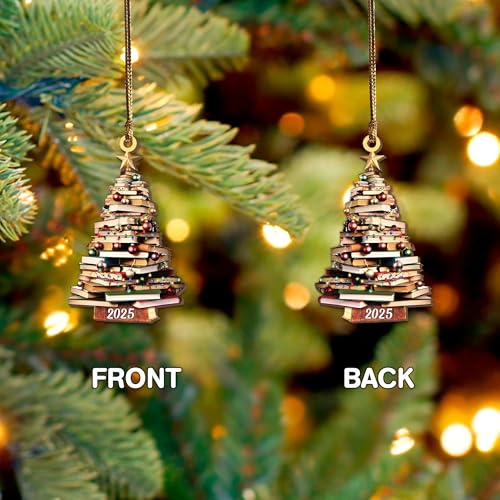 Pack 2 Book Tree Christmas Ornament (1 Wood+1 Acrylic), 2025 Bookworm Christmas Ornaments 2D Flat, Gift for Women, Book Lo...