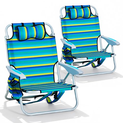 Canpsky 2PCS Portable Beach Chair for Adults, Outdoor Lightweight Camping Chair, 5-Position Lay Flat Reclining Backpack Be...