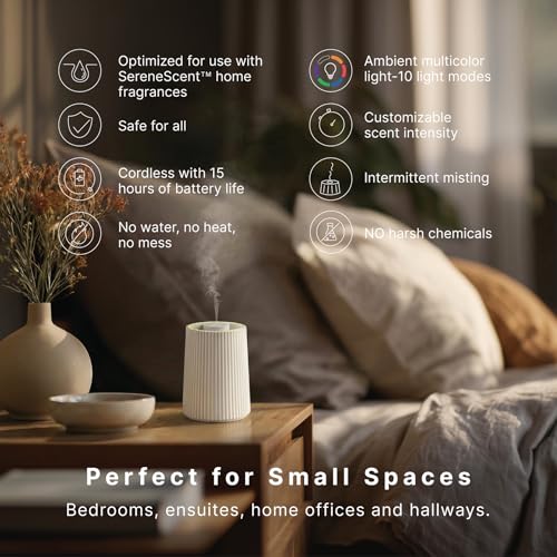 Homedics Waterless Essential Oil Diffuser with 15ml Vanilla Cedarwood Fragrance Oil. SereneScent Cordless Cold Air Scent D...