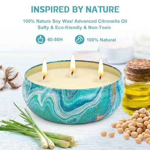 Ofun Citronella Candles Outdoor Decorative 36oz, 3 Wick Soy Wax Lemongrass Candle Set, Scented Candle Jar Candle Bulk Up t...