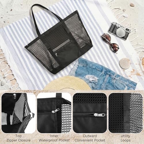 Dntorx Women's Mesh Beach Bag, Stylish Beach Tote for Swimming, Travel & Vacation Essentials, Lightweight Design for Poolside