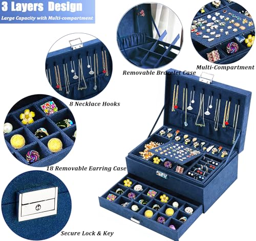 QBestry 3-Layer Jewelry Box for Women with Lock and Key & Drawer, Large Jewelry Organizer with 8 Necklace Hooks & 56 Earri...