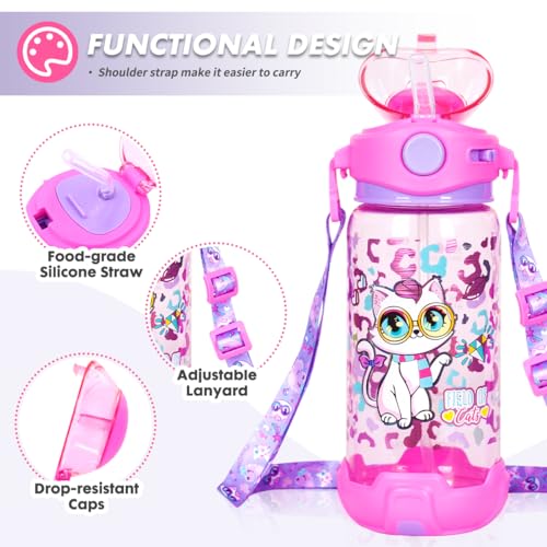 YOYTOO Kids Water Bottle with Straw/Lanyard for School Kids Girls Boys, 22oz BPA Free Child Drinking Water Bottle One-Clic...