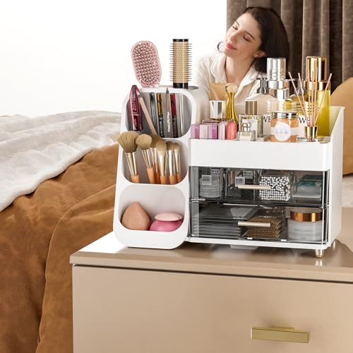 Makeup Organizer with Drawers for Vanity Bathroom Counter Organizers and Storage, Large Skincare Organizer with Brush Toot...