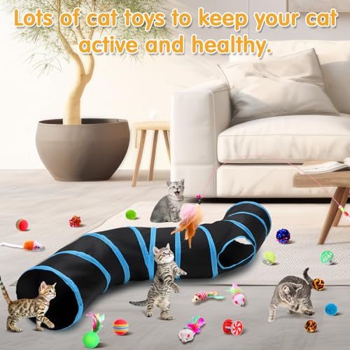 Poen 22pcs Cat Kitten Toys Set with 2 Collapsible Cat Tunnel and 20 Interactive Kitty Feather Toy, Fluffy Mouse, Crinkle B...