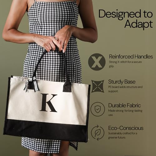 Salt Earth Personalized Initial Canvas Tote Bag for Women, Large Cotton Monogram Beach Grocery Reusable Work Travel Tote