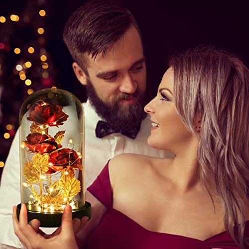 Mothers Day Flower Gifts for Mom,Wife,Mother Rose Galaxy Flower Red Rose in Glass Dome,Light Up Rose Flowers with 2 Lighti...