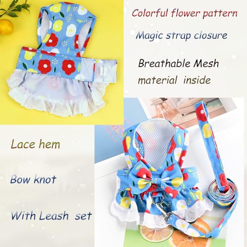 Anelekor Floral Dog Harness and Leash Set - Bow Knot Girl Puppy Princess Skirt with D-Ring Mesh Summer Pet Clothes for Cat...