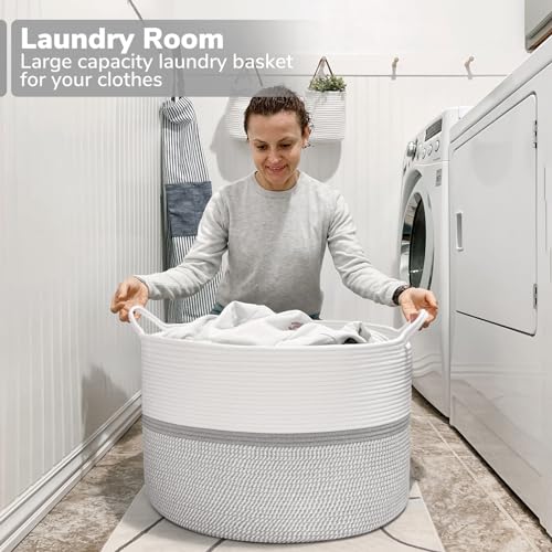 CHICVITA 85L Large Blanket Basket for Living Room, Woven Storage Baskets for Laundry Pillows Toys, Decorative Cotton Rope ...